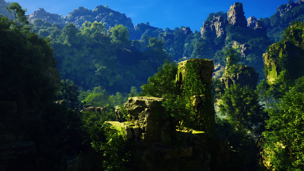 Lush green valley with towering cliffs under bright blue sky