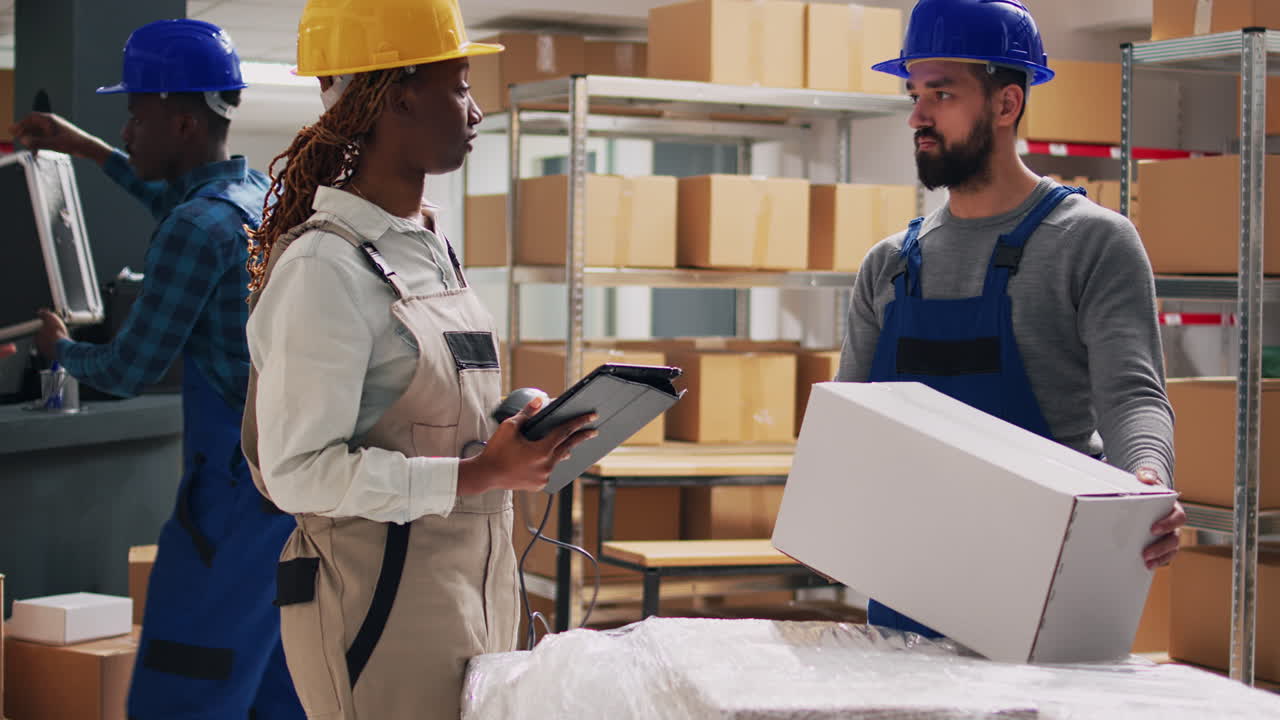 Warehouse workers managing inventory with tablet
