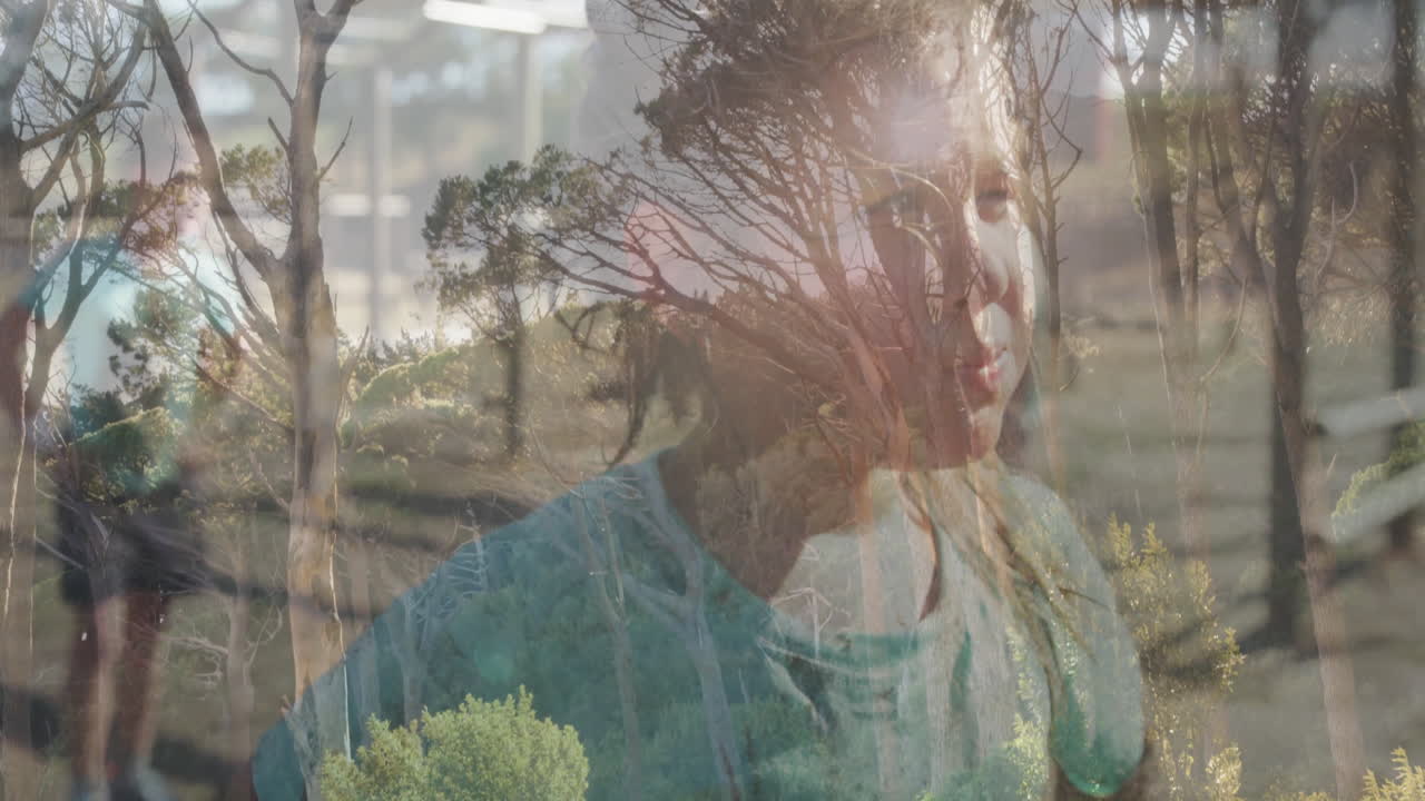 Daydreaming child with trees and sunlight creating serene animation effect in school