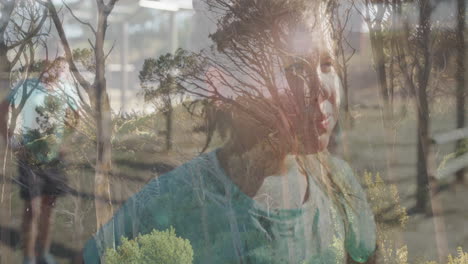 daydreaming child with trees and sunlight creating serene animation effect in school