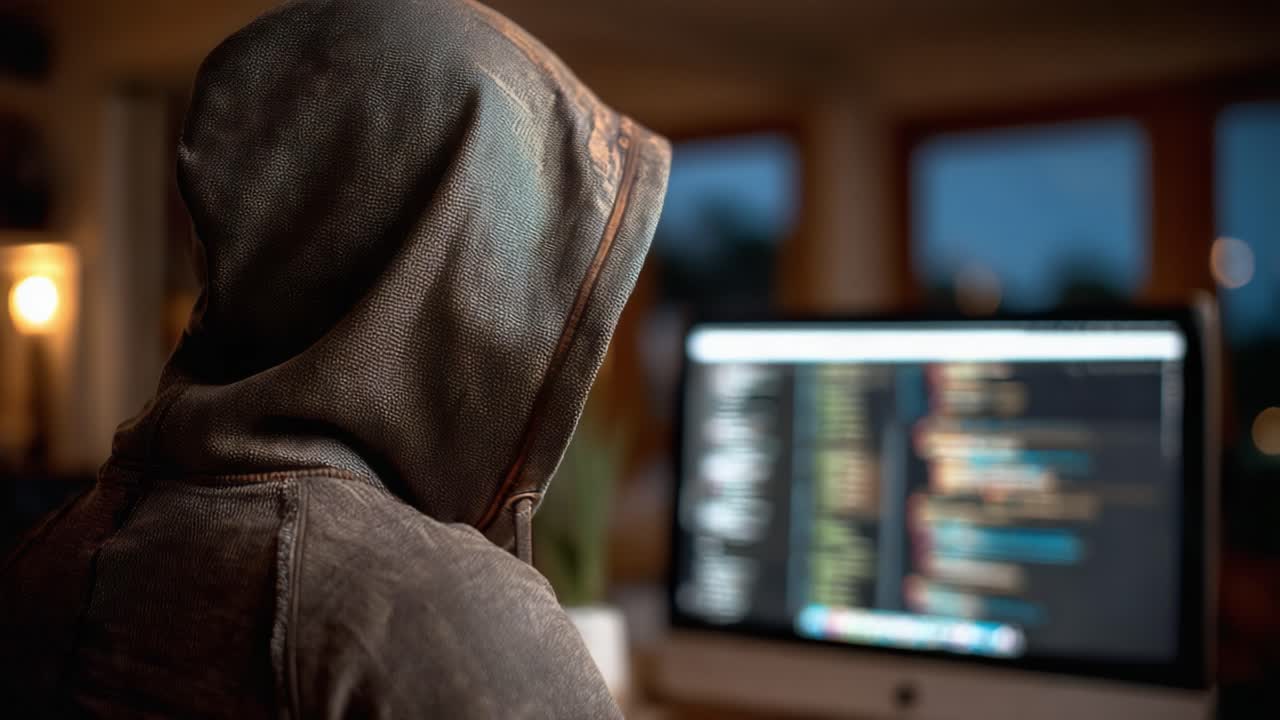 A mysterious figure in a hoodie sits intently in front of a brightly lit computer screen, deeply engaged with lines of complex code in an atmospheric indoor setting