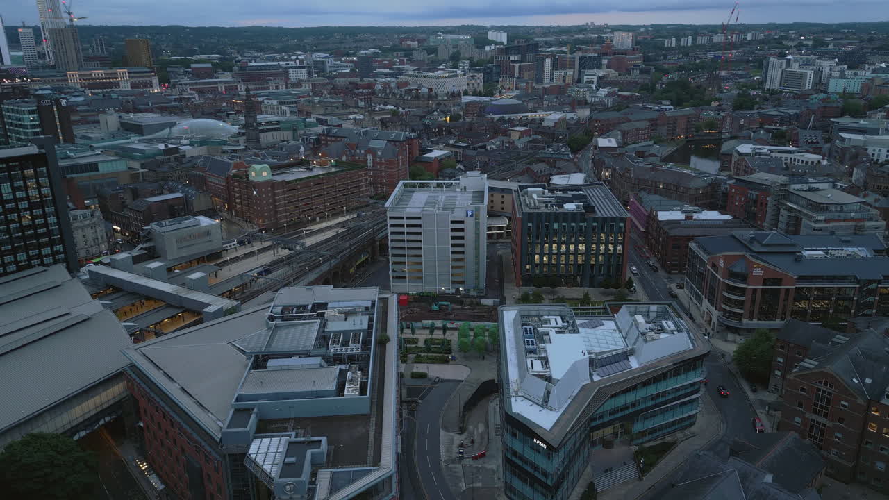 Establishing Drone Shot Over Leeds City Centre in Low Light at Blue Hour West Yorkshire UK