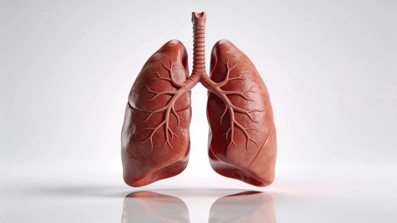 Visualizzazione di un modello 3D di polmoni umani che respirano in studio, con trachea e bronchi che mostrano l'anatomia.