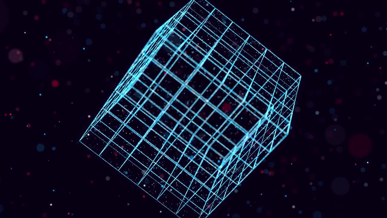 추상적인 반이는 입자는 공간에서 3d 객체를 형성합니다. 큐브 (cube) 는 가상 디지털 공간 (virtual digital space) 의 bg로 루프 (loop) 를 형성합니다. 입자는 빅 데이터 (big data), 네트워크 (network) 또는 vr 공간 (vr space) 의 개념으로 홀로램 모양을 형성합니다.