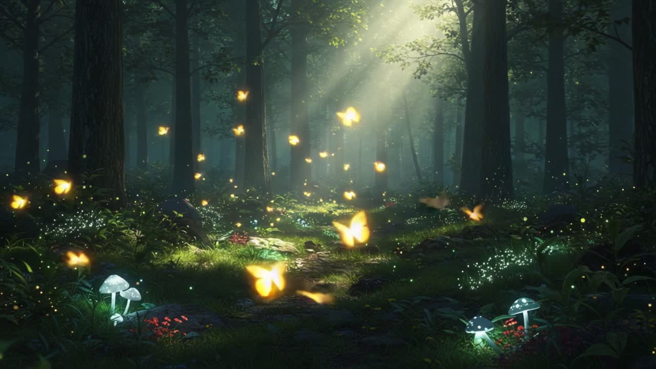 Enchanting Forest Path Illuminated by Sunlight, Filled with Glowing Mushrooms, Lush Greenery, and Delicate Butterflies, Creating a Magical and Serene Atmosphere