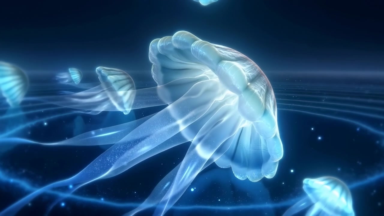 Medusa bioluminescente luminosa che galleggia sopra increspature al neon, campane traslucide che pulsano con un blu tenue.