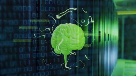 animazione del cervello umano e elaborazione di dati in codifica binaria su server informatici