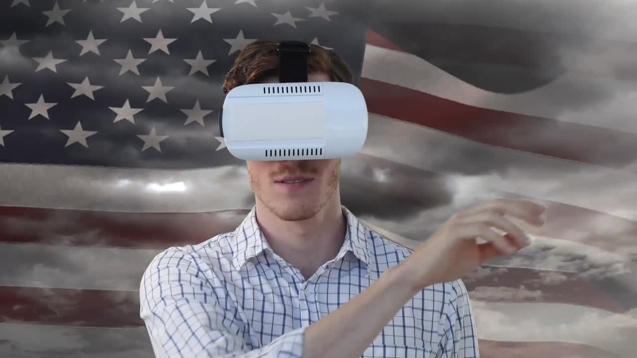 Animation of man in vr headset over american flag and clouds