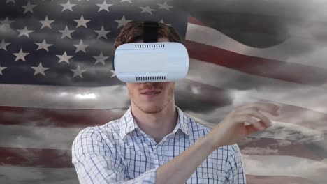 Animation-Eines-Mannes-Im-VR-Headset-über-Amerikanischer-Flagge-Und-Wolken