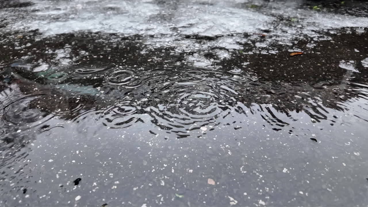Raindrops hitting a dark asphalt surface, forming circular ripples and reflections during wet winter weather
