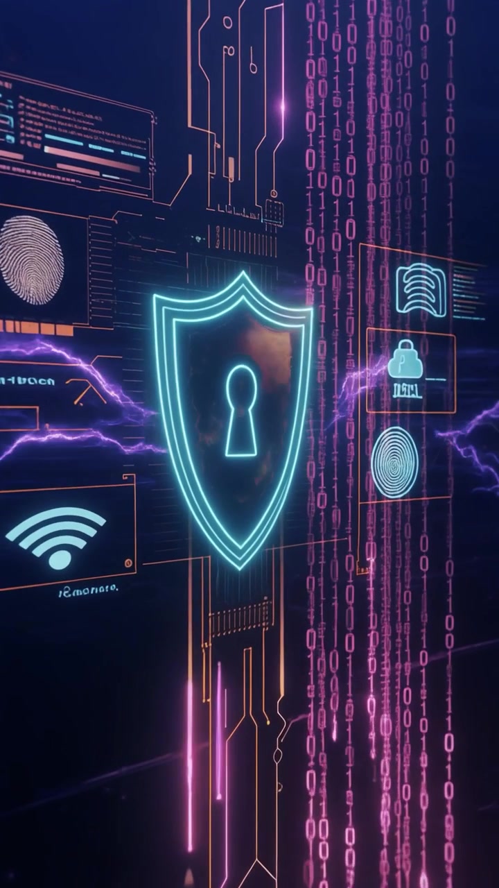 Concetto di Scudo di Cybersicurezza Digitale con Flussi di Dati e Icone Biometriche