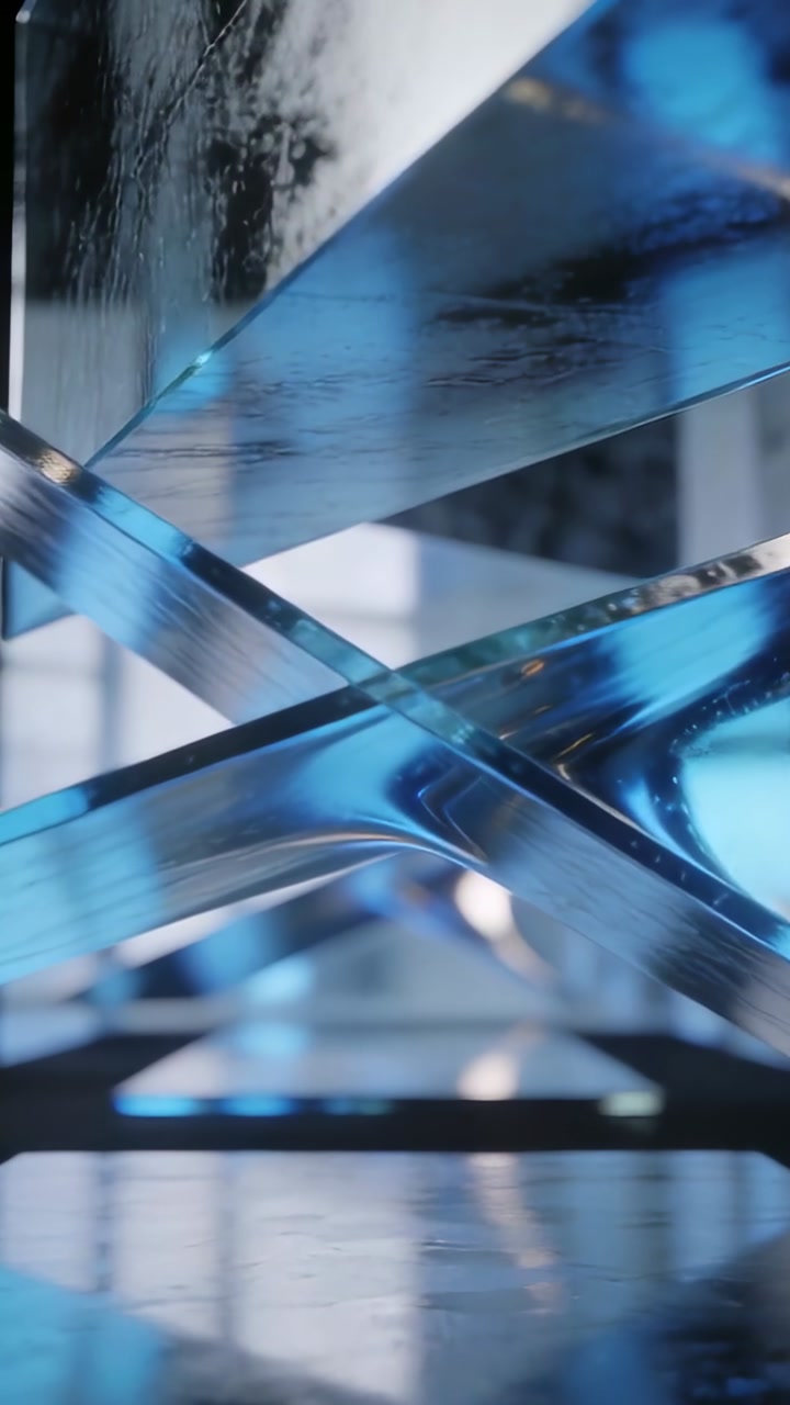 Vertical video: Moving camera revealing blue panels forming X in studio, showing grid reflections