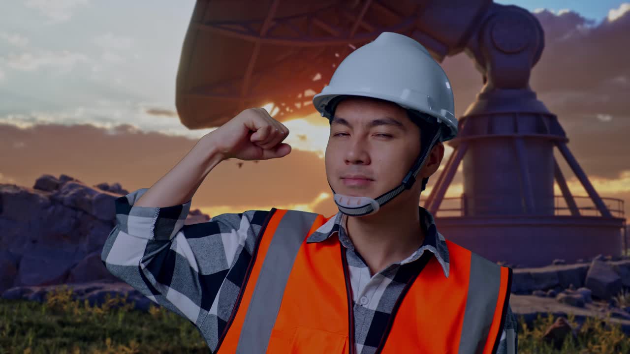Close Up Of Asian Male Engineer With Safety Helmet Flexing His Bicep And Smiling To Camera While Standing With Large Satellite Dish