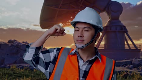 close up of asian male engineer with safety helmet flexing his bicep and smiling to camera while standing with large satellite dish