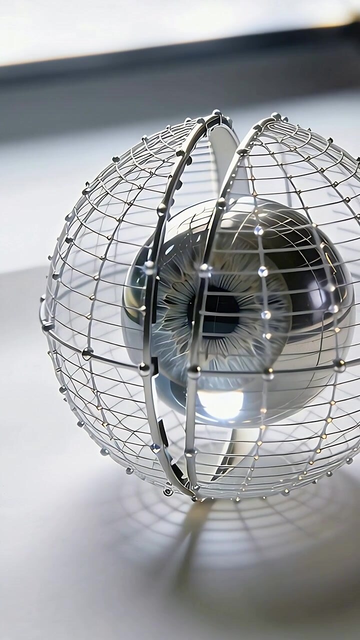 Vertical video: Blinking lights on wire cage rotating at windowsill, revealing glass orb glints