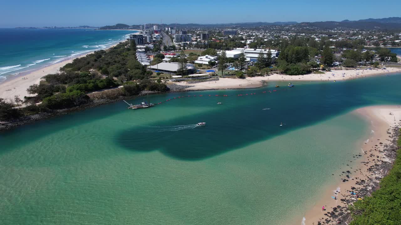 Gold Coast Recreation Precinct At Tallebudgera Creek On Gold Coast Highway, Palm Beach, Queensland, Australia. Aerial Drone Shot