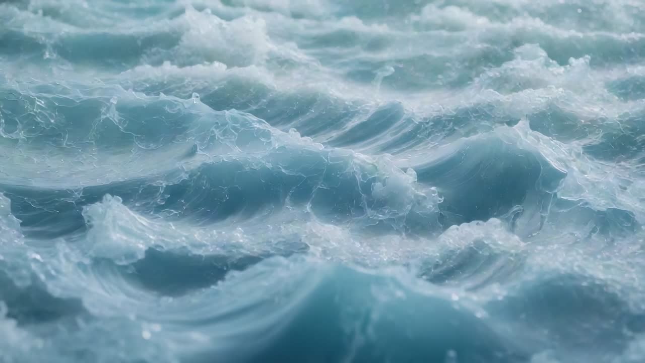 Oceano in tempesta con onde che si infrangono da vicino, spinte dal vento e spuma marina