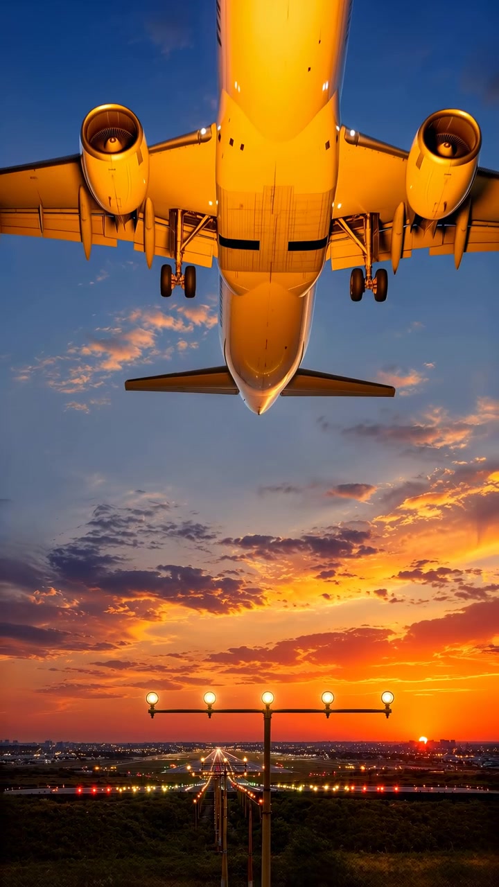 Aereo di linea in atterraggio al tramonto, avvicinamento alla pista, vista dal basso della fusoliera illuminata mentre l'aereo scende verso la pista illuminata.