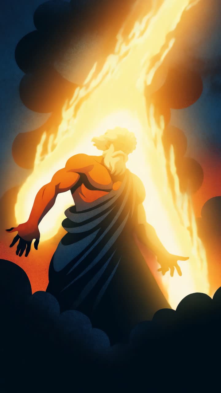 Ilustración dinámica en ángulo bajo de una figura mítica con relámpagos, que captura una escena dramática