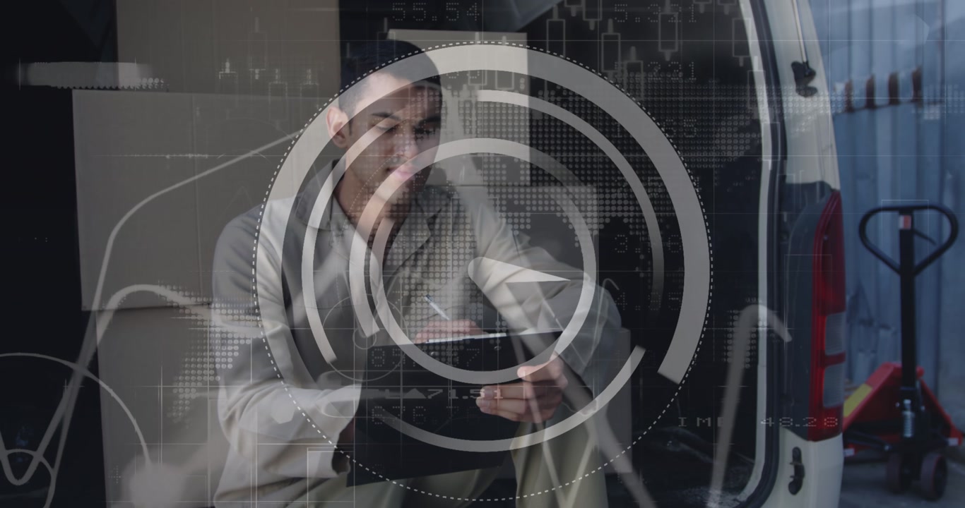Delivery Man Writing on Clipboard in Van with Digital Data Overlay