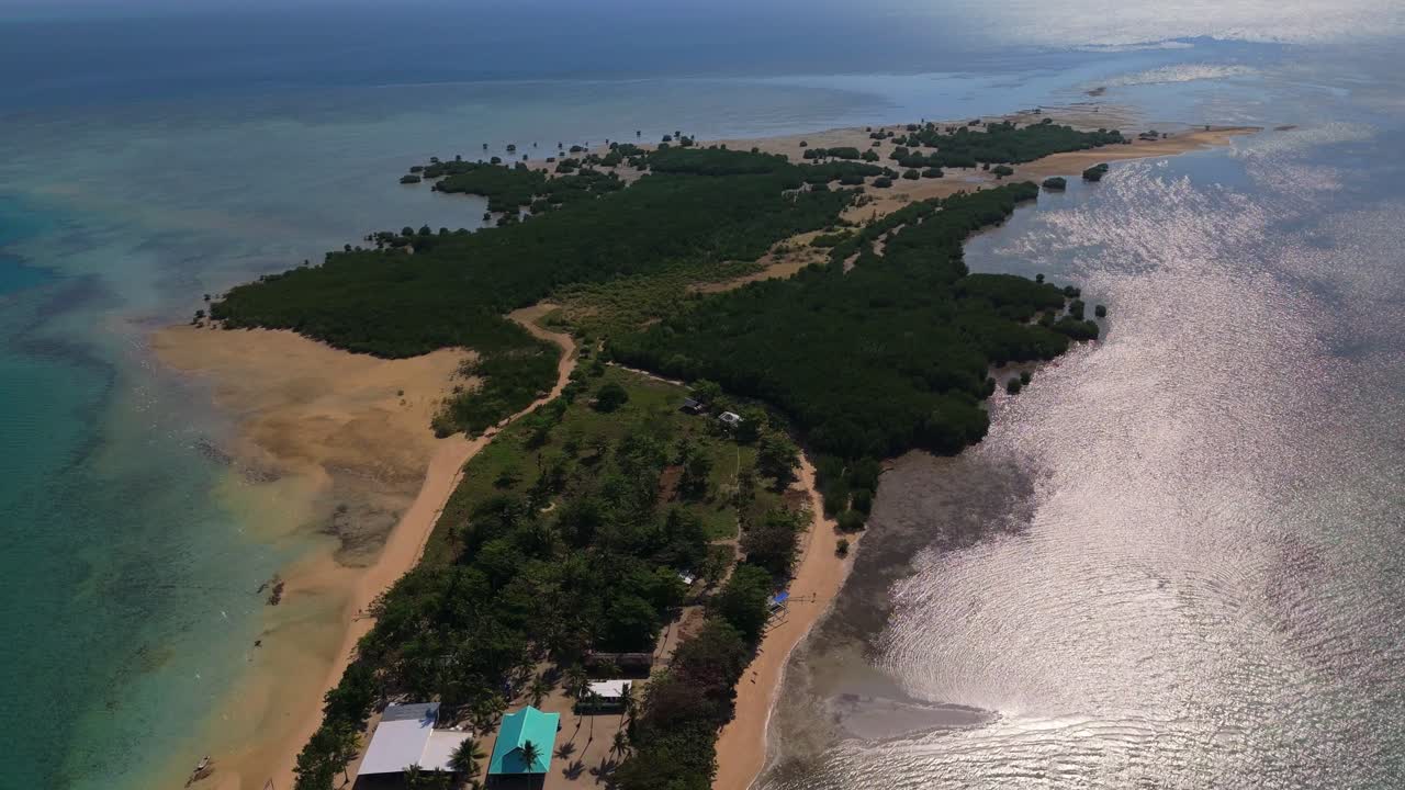Palawan, Filippine: ripresa grandangolare con drone che cattura la vegetazione lussureggiante e le estese lingue di sabbia dell'Isola di Cowrie, circondata dalle acque chiare e poco profonde della Baia di Honda