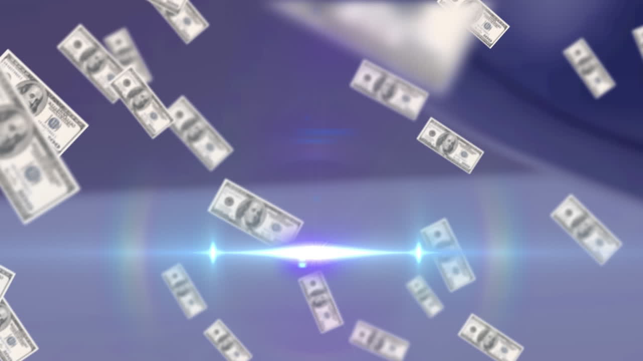 회색 배경에 스포트라이트와 함께 떨어지는 달러 지폐의 애니메이션