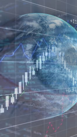 animación del globo y procesamiento de datos financieros sobre el ojo de la mujer en el fondo