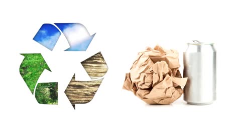 Recycling sign with tin can and paper