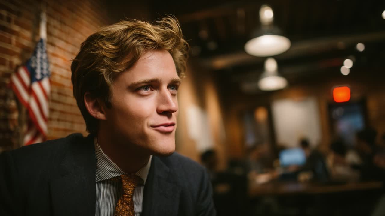A Confident Young Man Smiling in a Rustic Modern Workspace During a Vibrant Meeting, Exhibiting Professionalism and Approachability Amidst Colleagues
