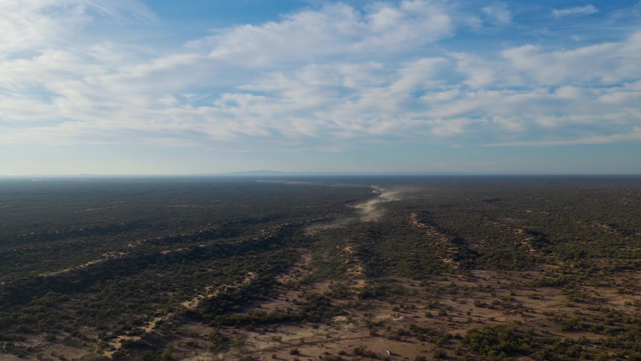 Ampla tomada aérea de drone para baixo sobre deserto na Argentina com árvores e arbustos e montanhas ao fundo