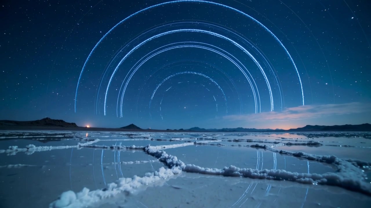 Time-lapse som viser våt saltslette og stjernespor som avslører stjernebevegelse over salar, som reflekterer buer.