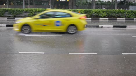 rainy day city street scene with blurred vehicles
