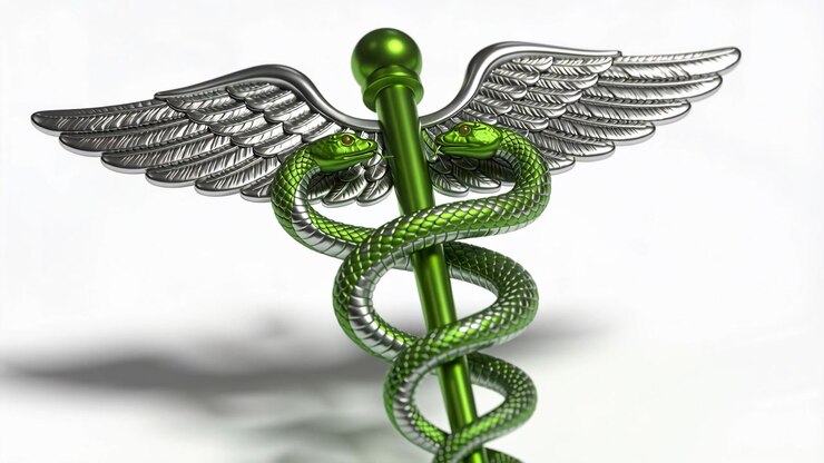 Kameraet trækker sig tilbage og afslører en grøn caduceus, der sænker sig for at vise stav, slangesnoninger og vinger i et studie.