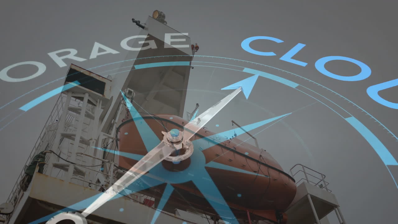 크레인과 컨테이너를 가진 산업 선박 위의 클라우드 스토리지 애니메이션