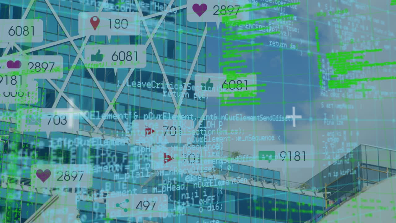 도시 풍경 위의 데이터 처리 및 미디어 아이콘의 애니메이션