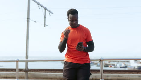 black man, runner and earphones with phone