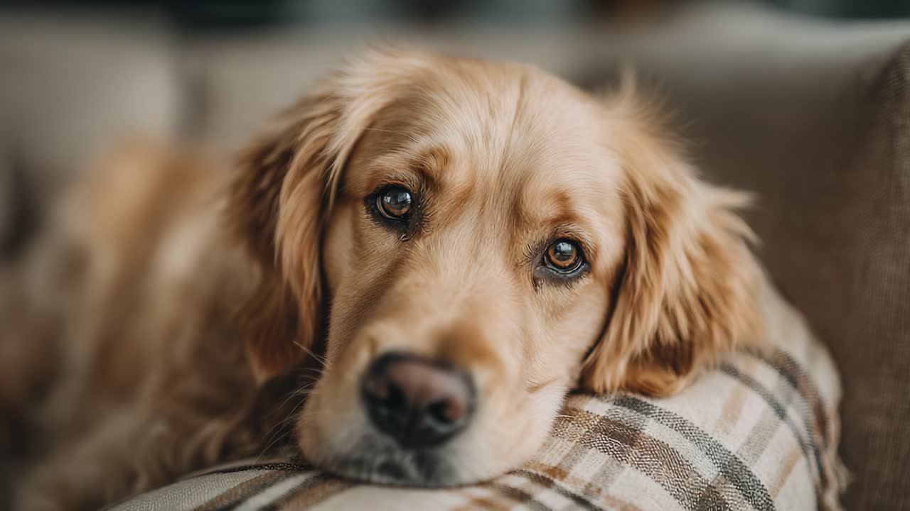 A Calm and Reflective Golden Retriever Resting Comfortably on a Cozy Couch, Capturing the Essence of Serenity and Loyalty in a Home Environment