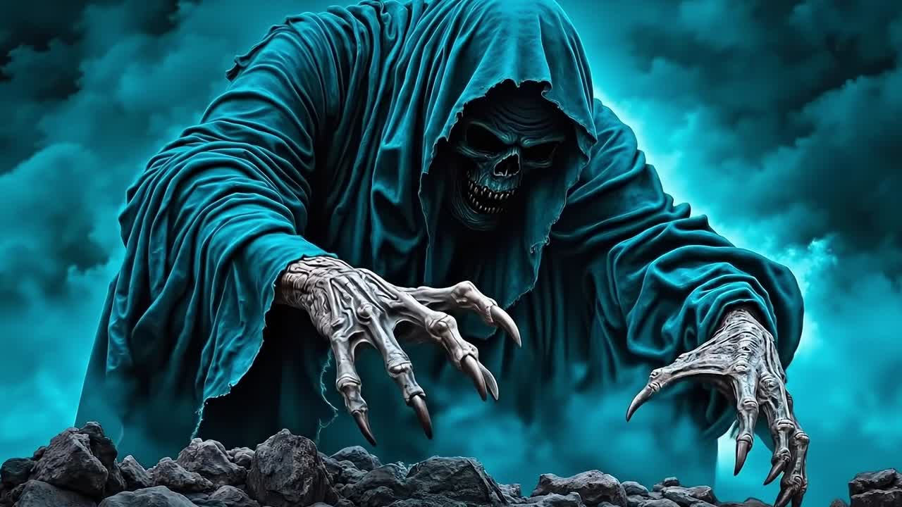 A grim reaper in a blue robe standing on top of a pile of rocks