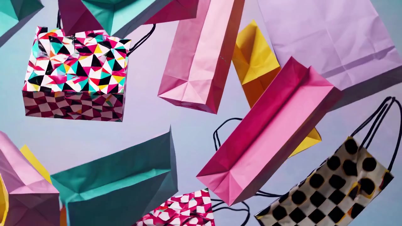 Colorful Shopping Bags Falling and Floating on a Light Background