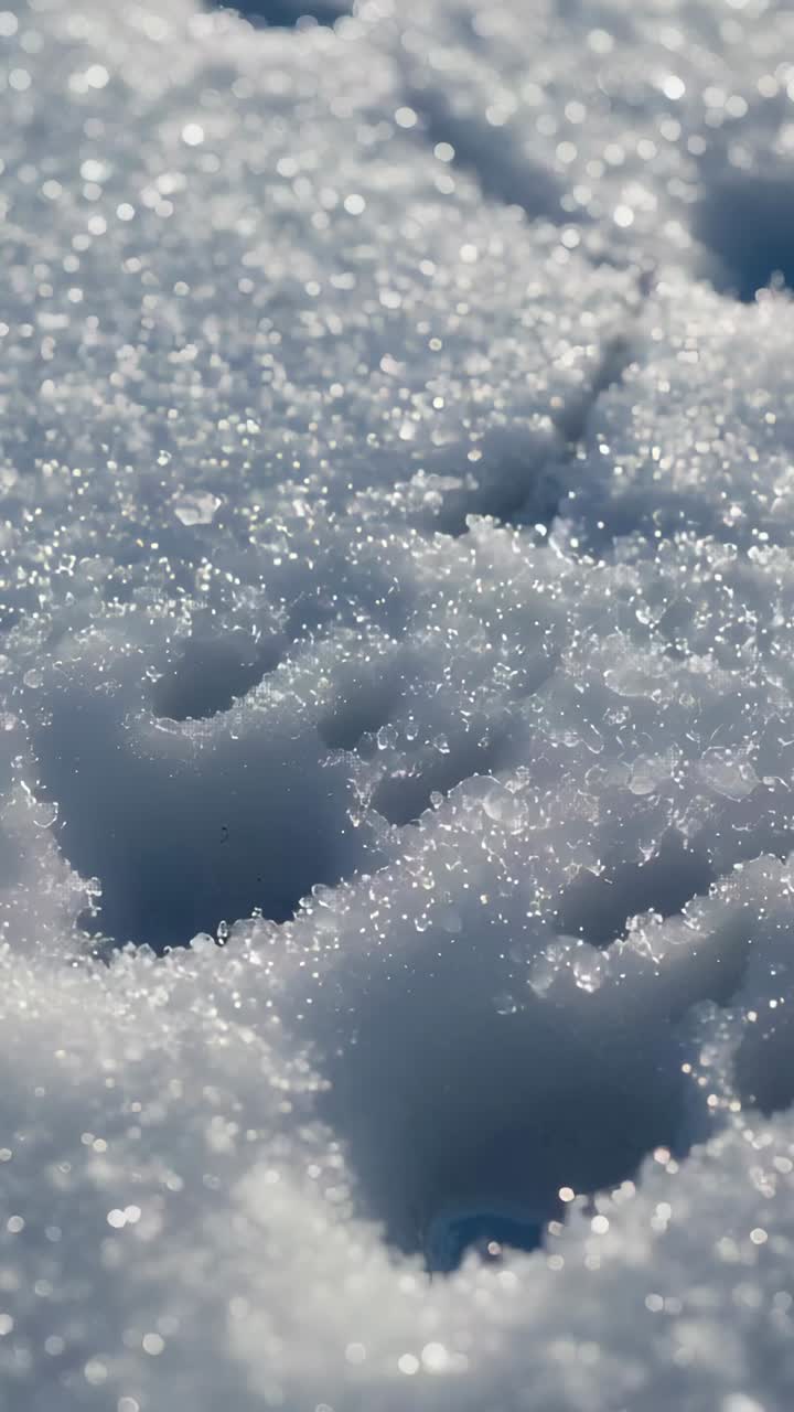 Video verticale: telecamera mobile che rivela neve ghiacciata e granulosa sul terreno, mostrando cristalli scintillanti