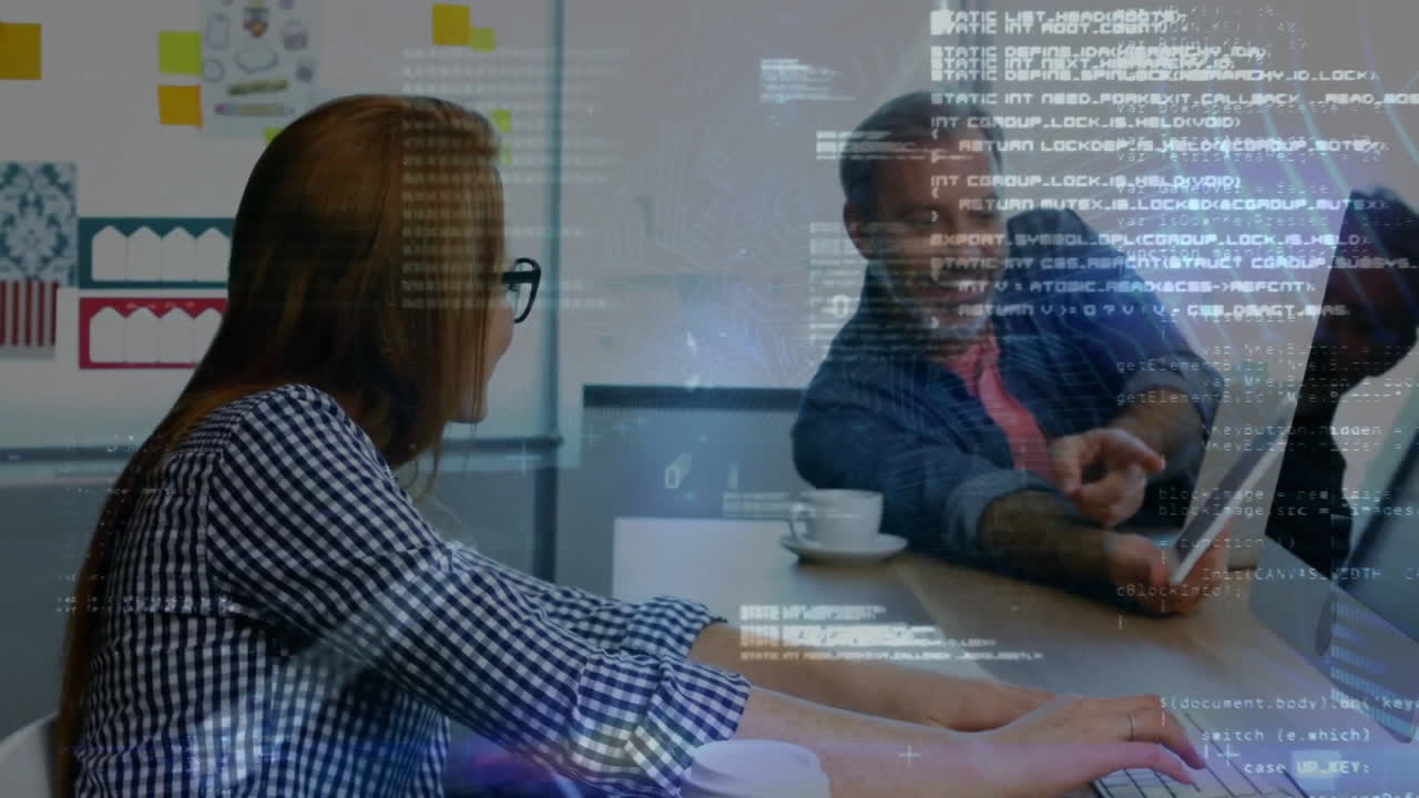 Animation of data processing over diverse business people using tablet
