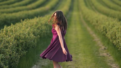 beautiful girl in a crimson dress runs across the field with flowers in a basket