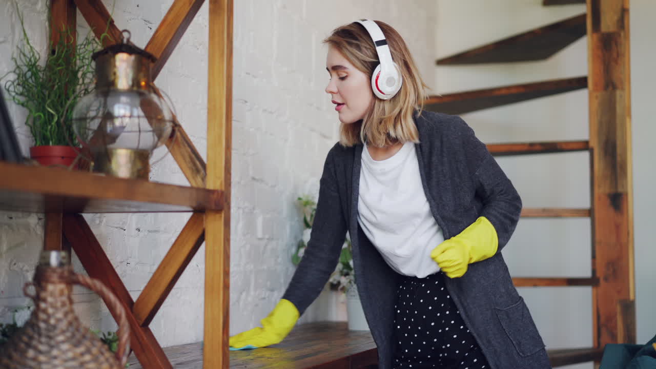 Woman Cleaning a Home with Headphones