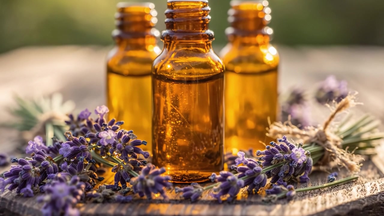 Naturens fængslende aroma: Et nærbillede af æteriske oliefalsker af glas omgivet af duftende lavendelblomster på en rustik overflade