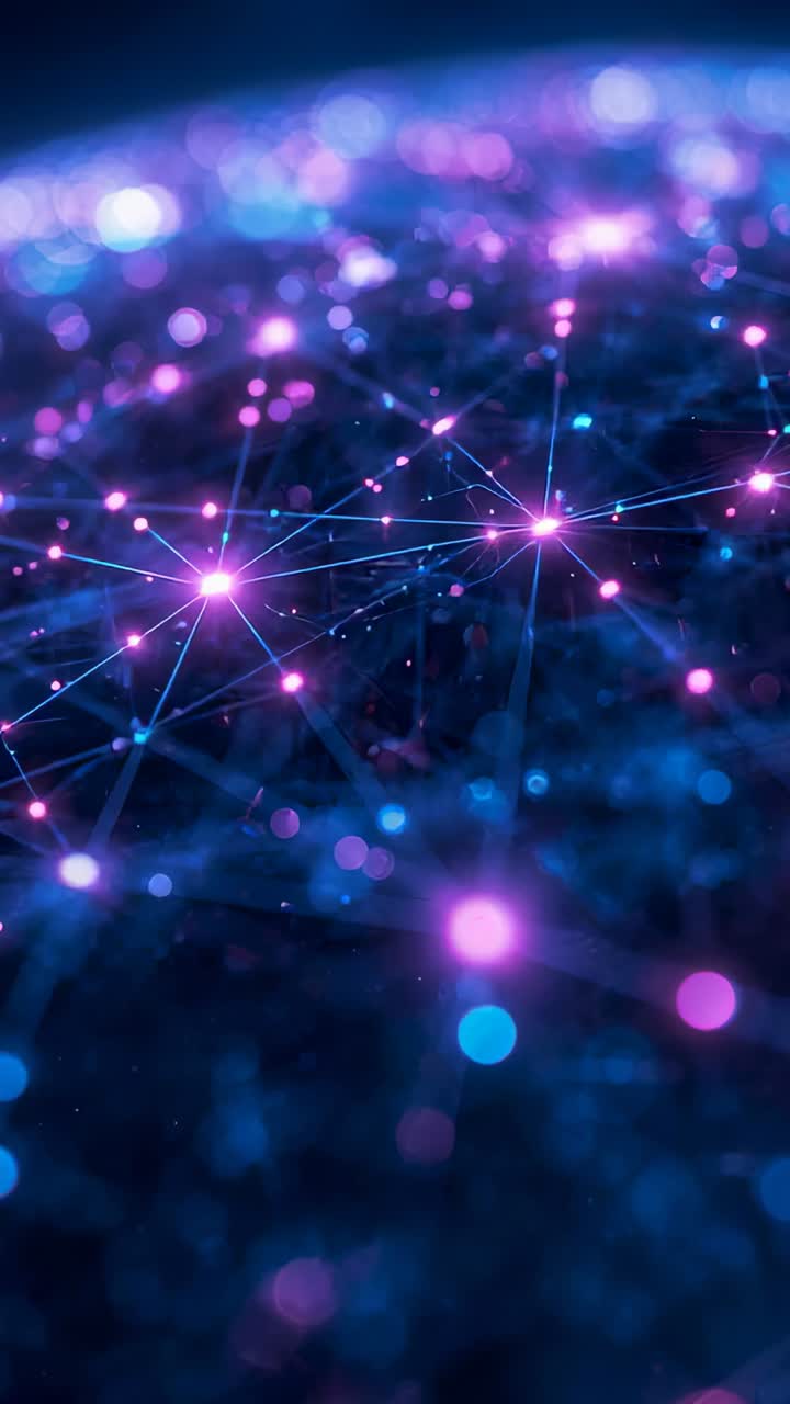 Vertical video: Moving camera revealing glowing nodes and thin lines on curved plane, pulsing hubs