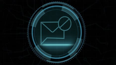 Animation-of-email-in-circle-and-cyber-security-on-black-background
