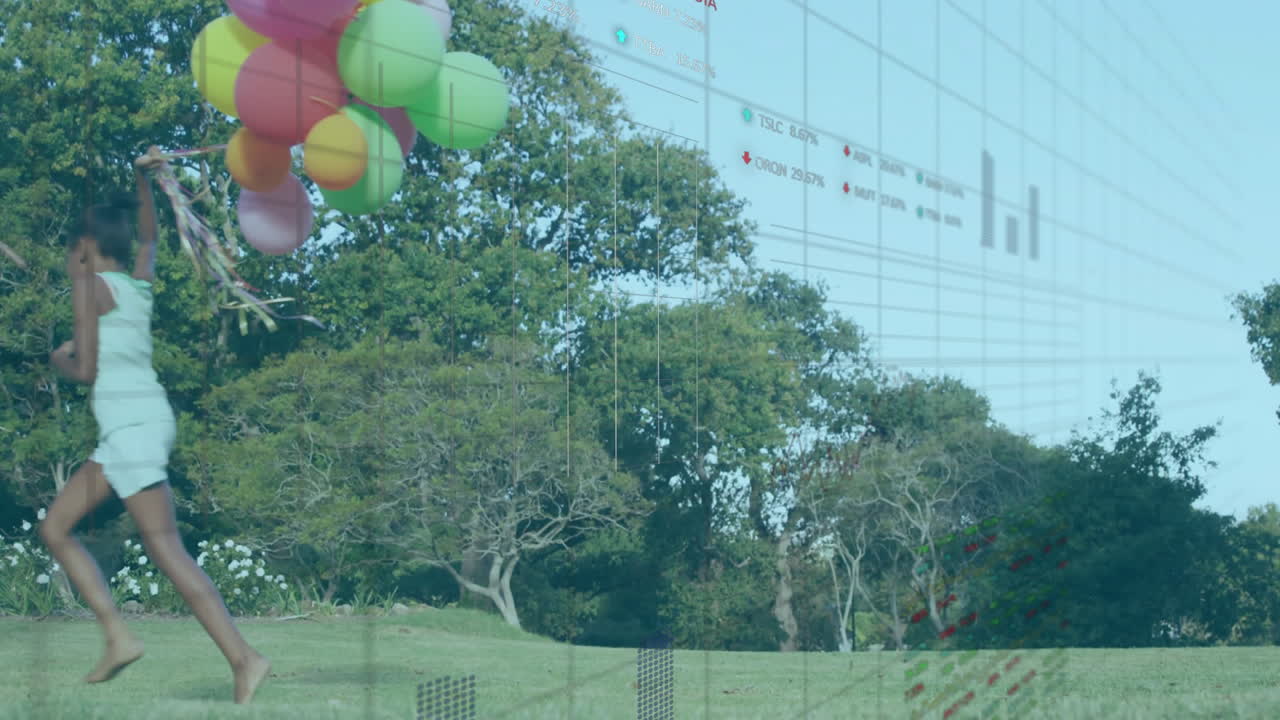 Child running with balloons in animation over data visualization in school