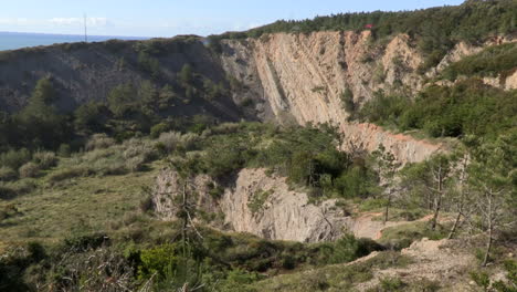 large excavation hole in the mountain, from the old quarry, with few pine trees planted