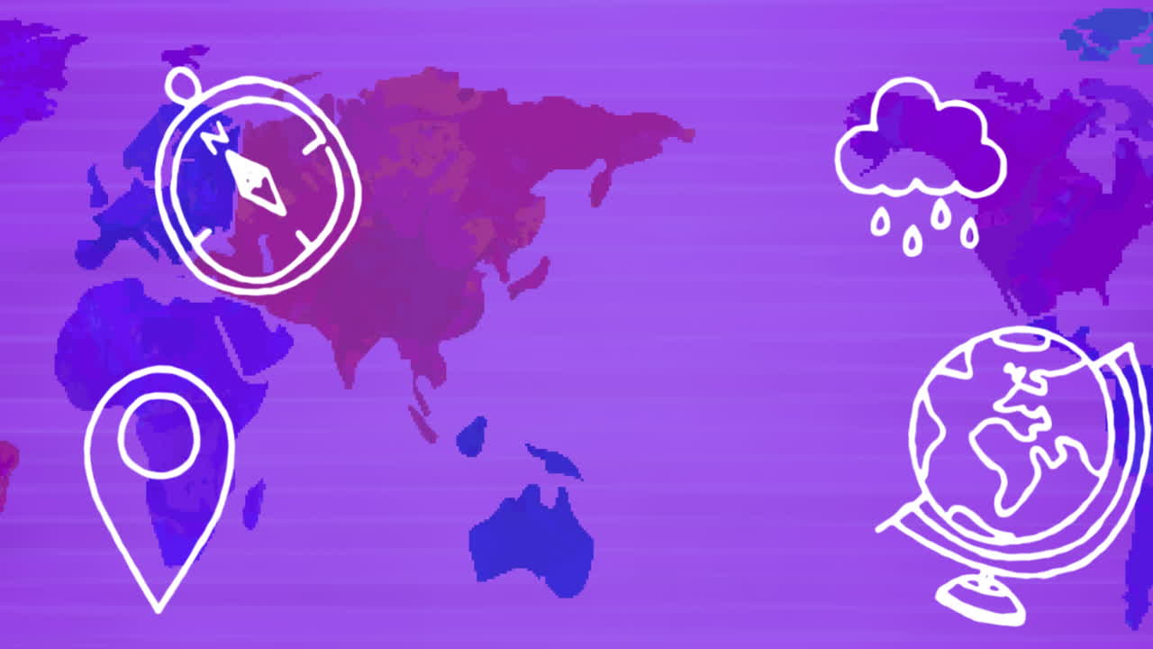 세계 지도 위를 날아다니는 손으로 그린 아이콘의 애니메이션