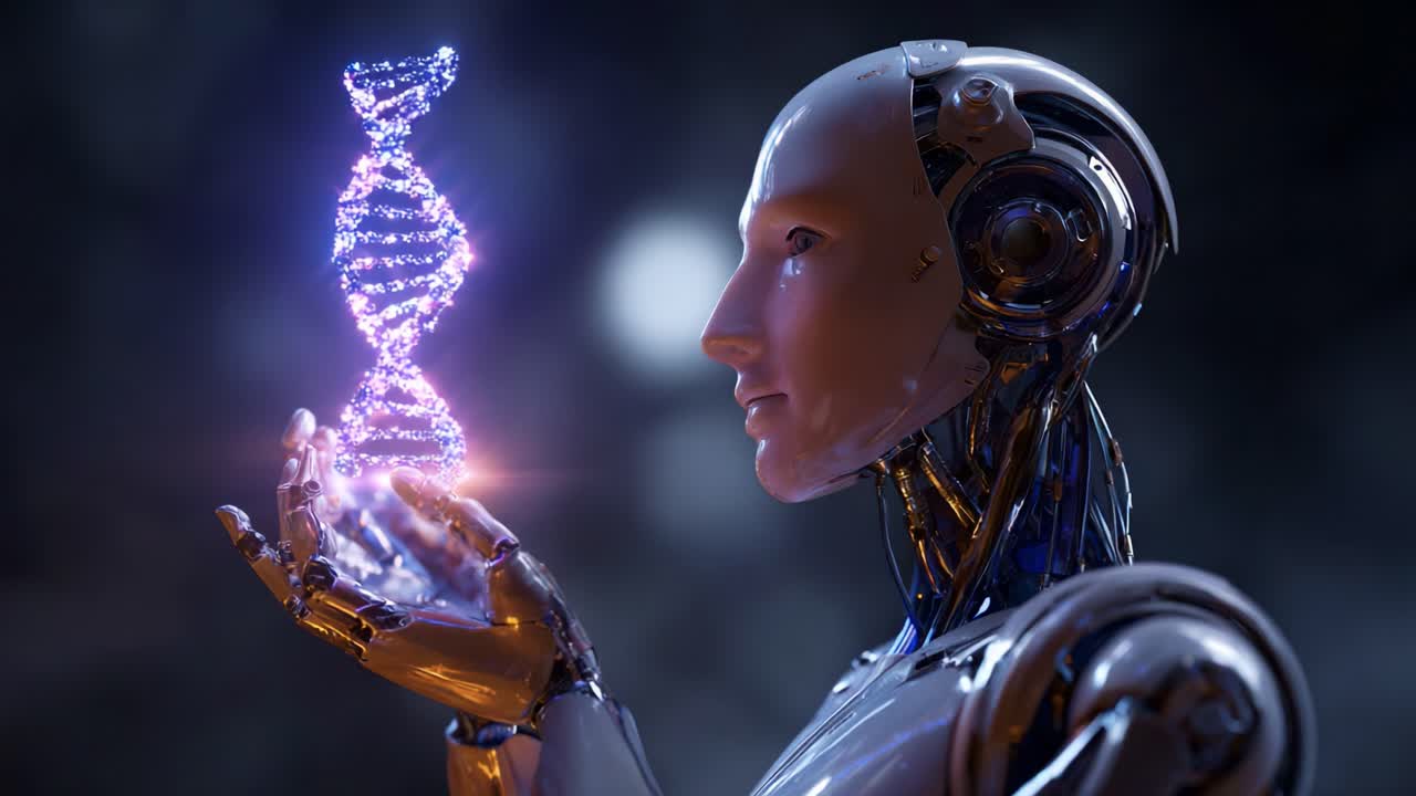 En futuristisk robot, der betragter en glødende DNA-spiral, som symboliserer krydsfeltet mellem teknologi og genetisk innovation i et sci-fi-miljø
